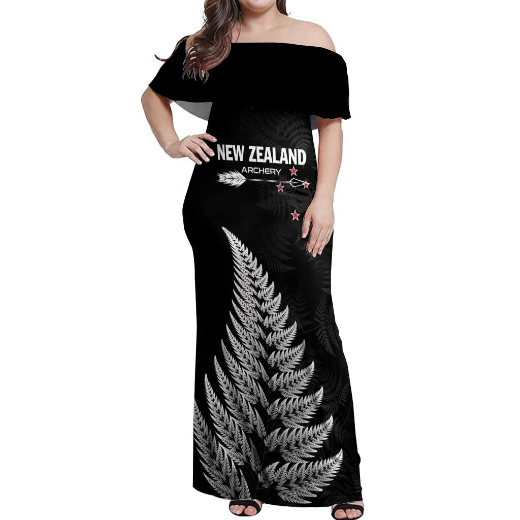 Personalised New Zealand 2025 Archery Off Shoulder Maxi Dress Aotearoa Silver Arrows Black