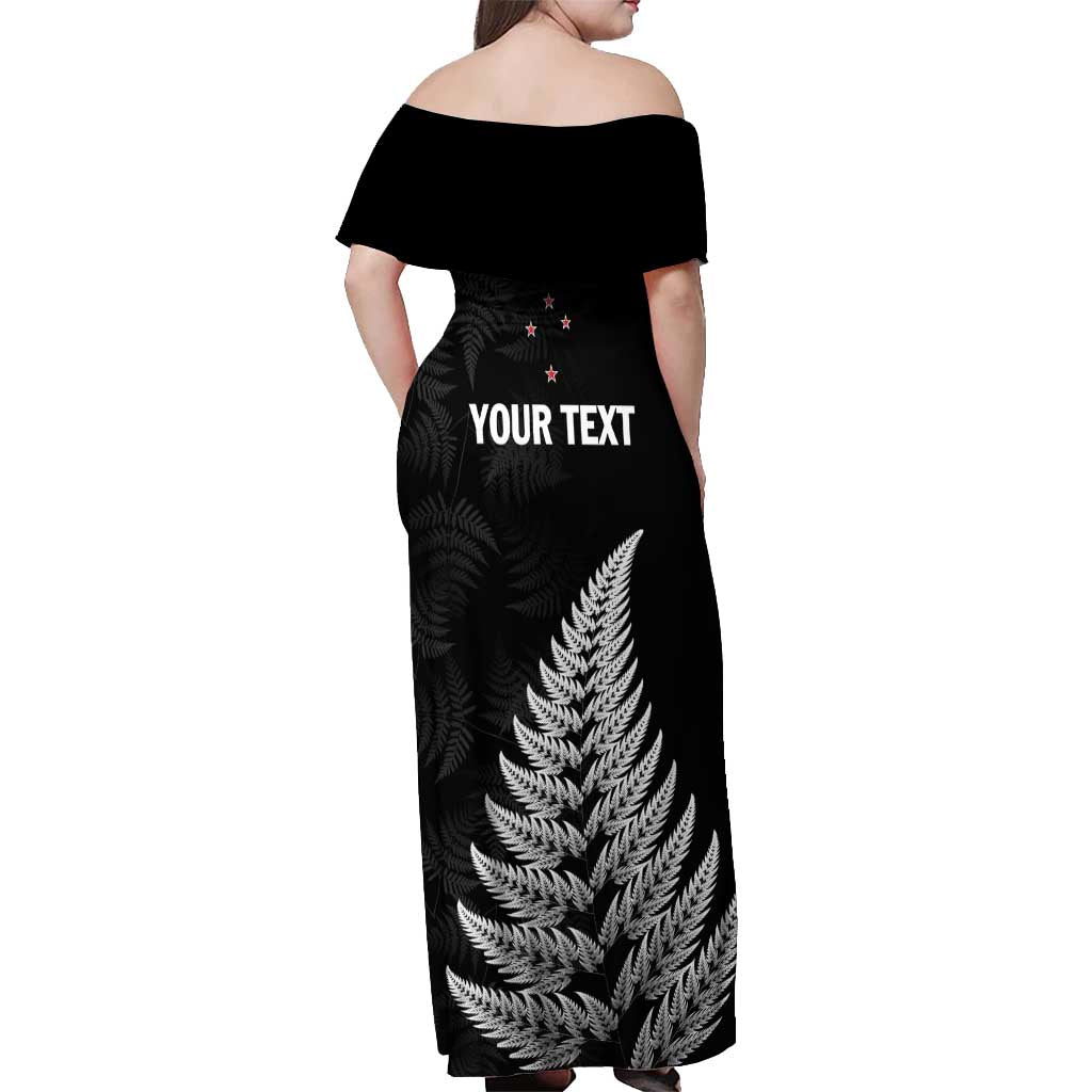 Personalised New Zealand 2025 Archery Off Shoulder Maxi Dress Aotearoa Silver Arrows Black