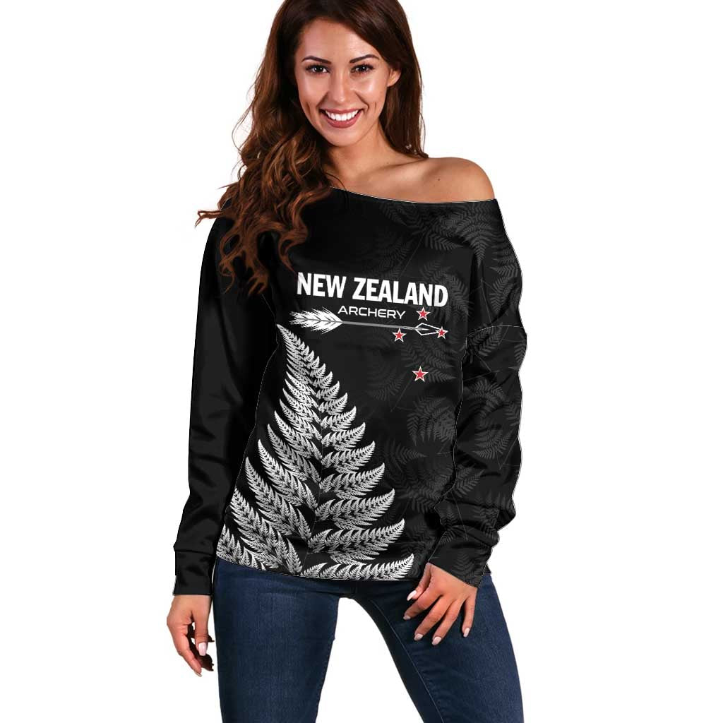 Personalised New Zealand 2025 Archery Off Shoulder Sweater Aotearoa Silver Arrows Black