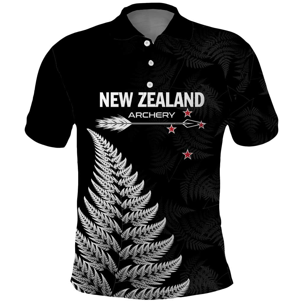 Personalised New Zealand 2025 Archery Polo Shirt Aotearoa Silver Arrows Black