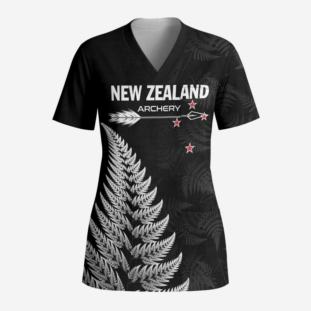 Personalised New Zealand 2025 Archery Scrub Top Aotearoa Silver Arrows Black LT01 Adult Black - Polynesian Pride