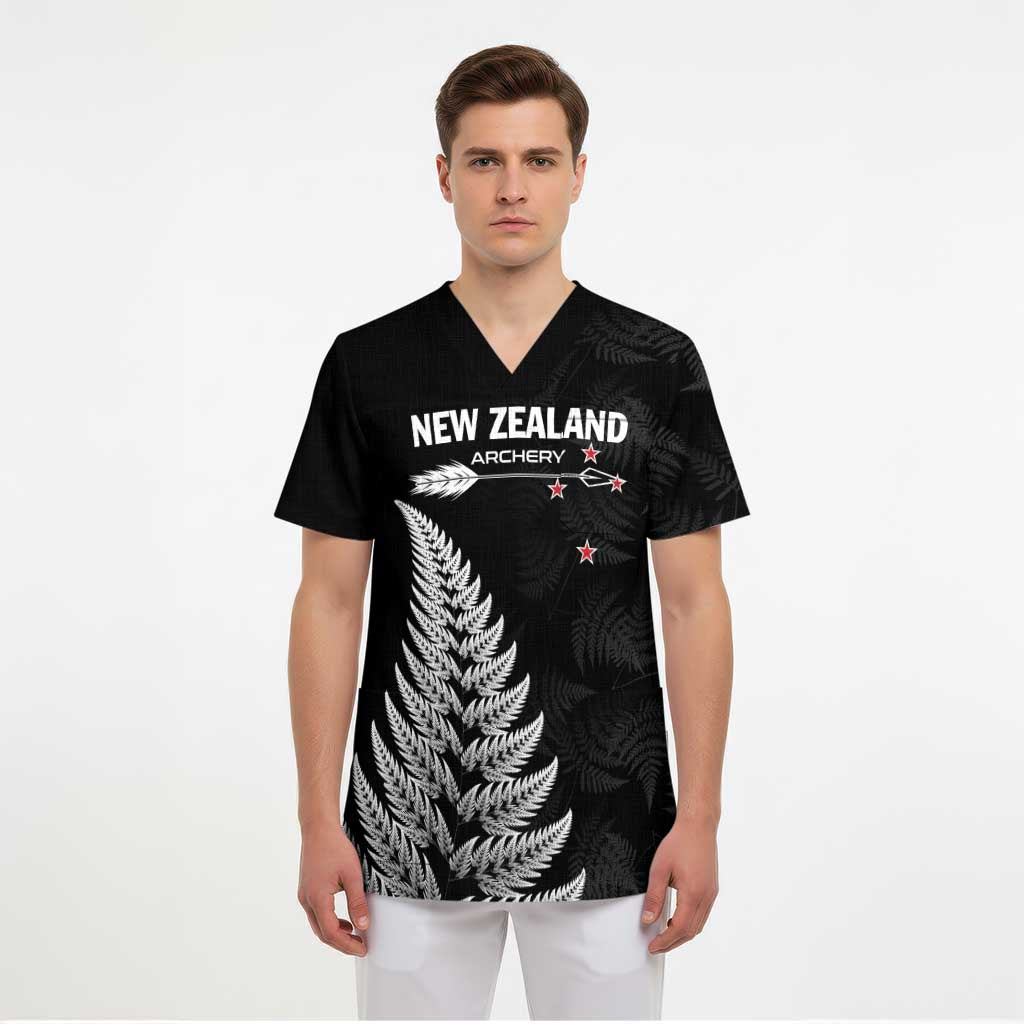 Personalised New Zealand 2025 Archery Scrub Top Aotearoa Silver Arrows Black LT01 - Polynesian Pride