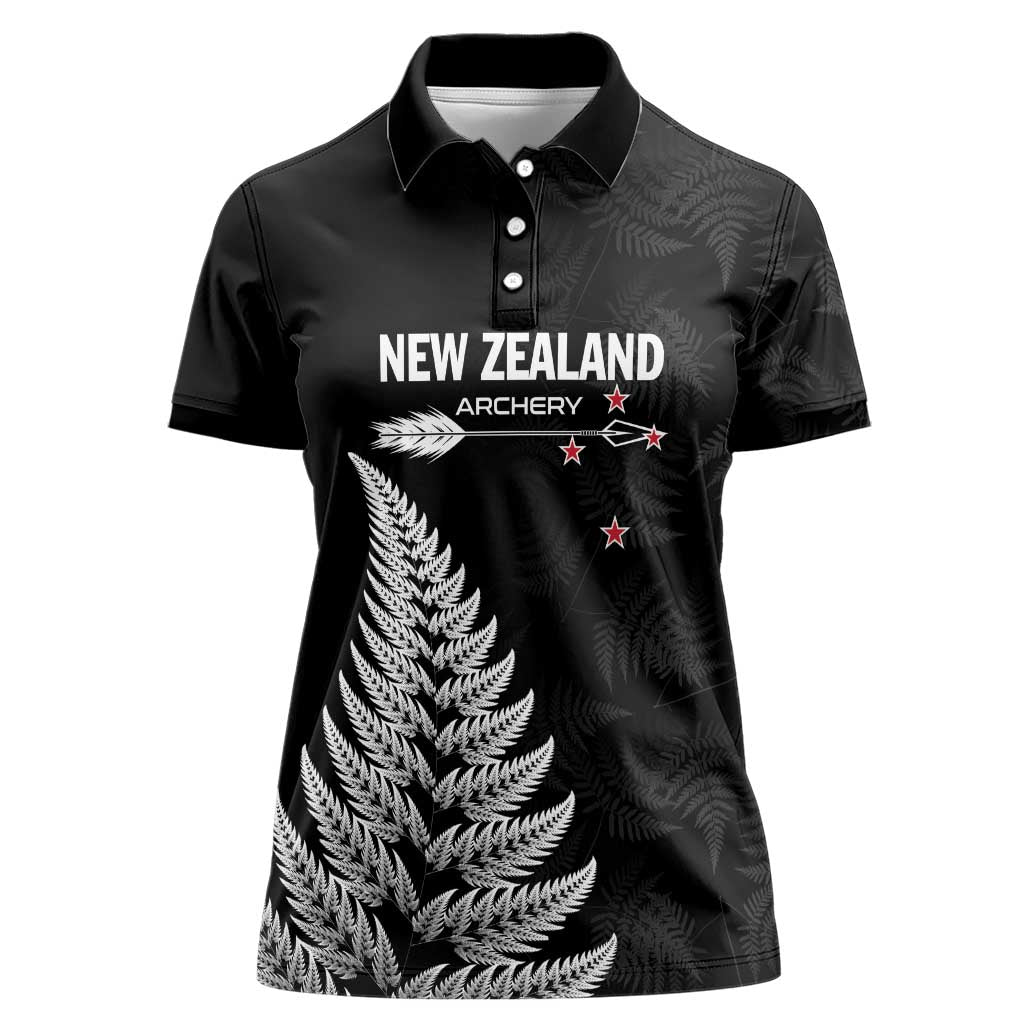 Personalised New Zealand 2025 Archery Women Polo Shirt Aotearoa Silver Arrows Black