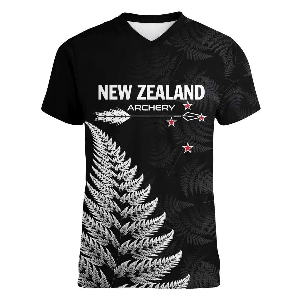 Personalised New Zealand 2025 Archery Women V-Neck T-Shirt Aotearoa Silver Arrows Black