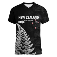 Personalised New Zealand 2025 Archery Women V-Neck T-Shirt Aotearoa Silver Arrows Black