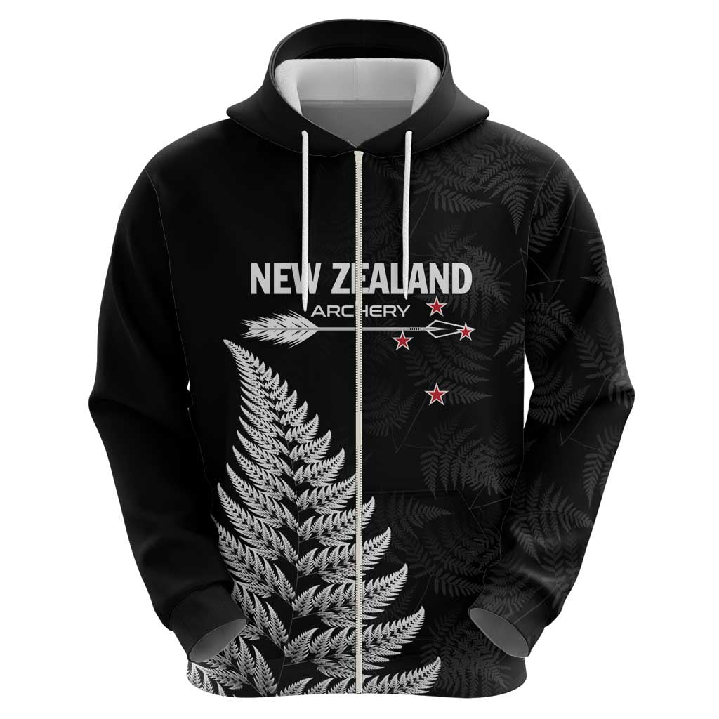 Personalised New Zealand 2025 Archery Zip Hoodie Aotearoa Silver Arrows Black