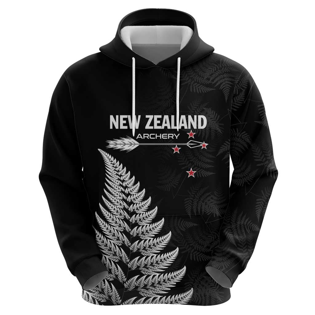 Personalised New Zealand 2025 Archery Zip Hoodie Aotearoa Silver Arrows Black