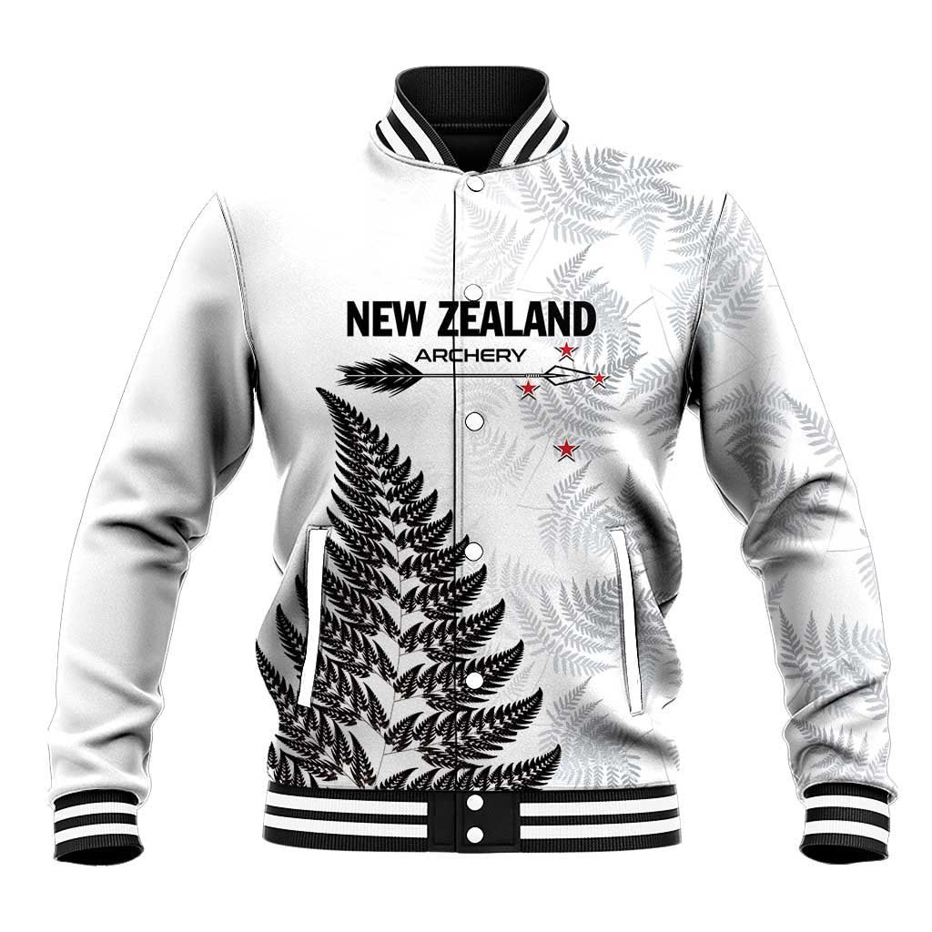 Personalised New Zealand 2025 Archery Baseball Jacket Aotearoa Silver Arrows White LT01 Unisex White - Polynesian Pride