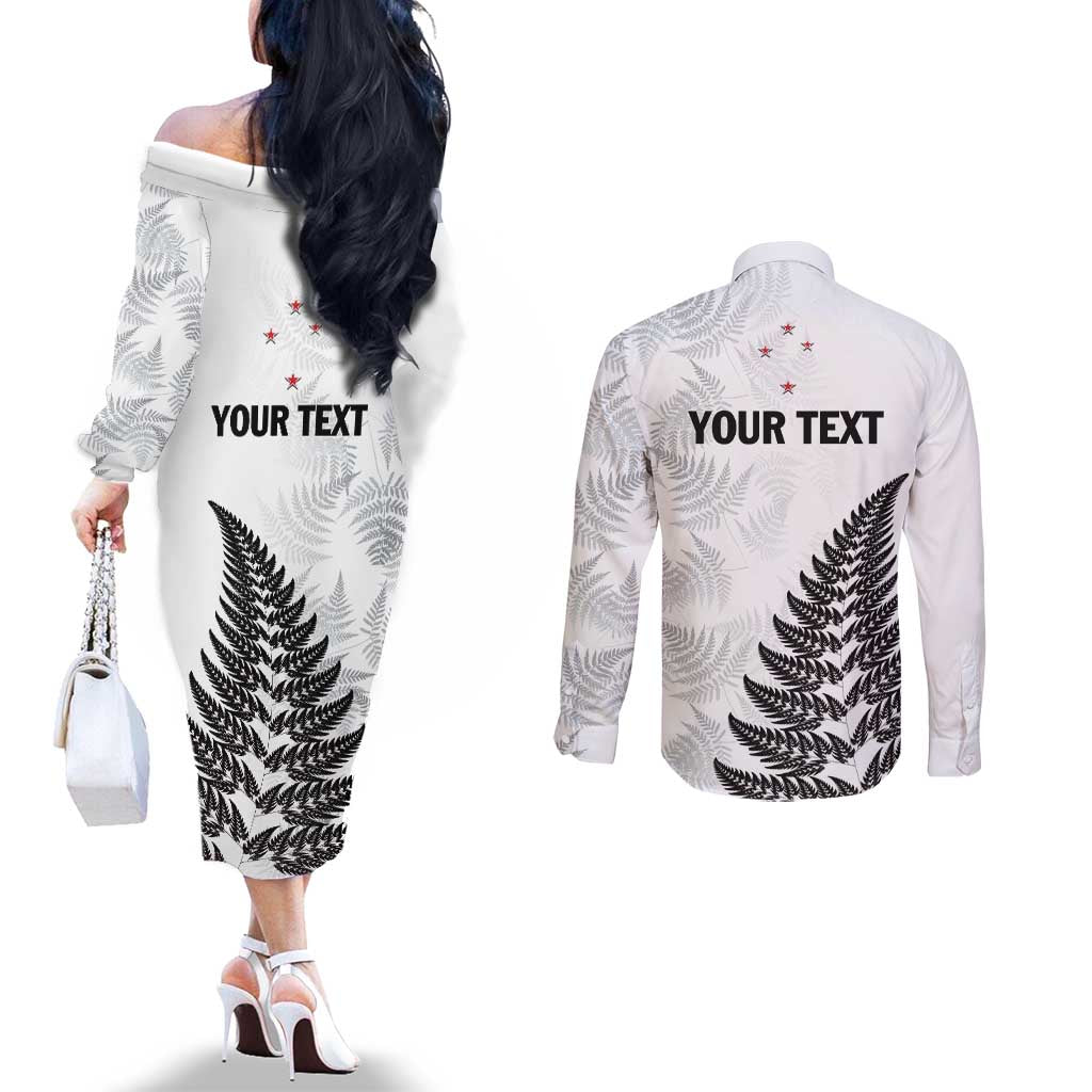 Personalised New Zealand 2025 Archery Couples Matching Off The Shoulder Long Sleeve Dress and Long Sleeve Button Shirt Aotearoa Silver Arrows White
