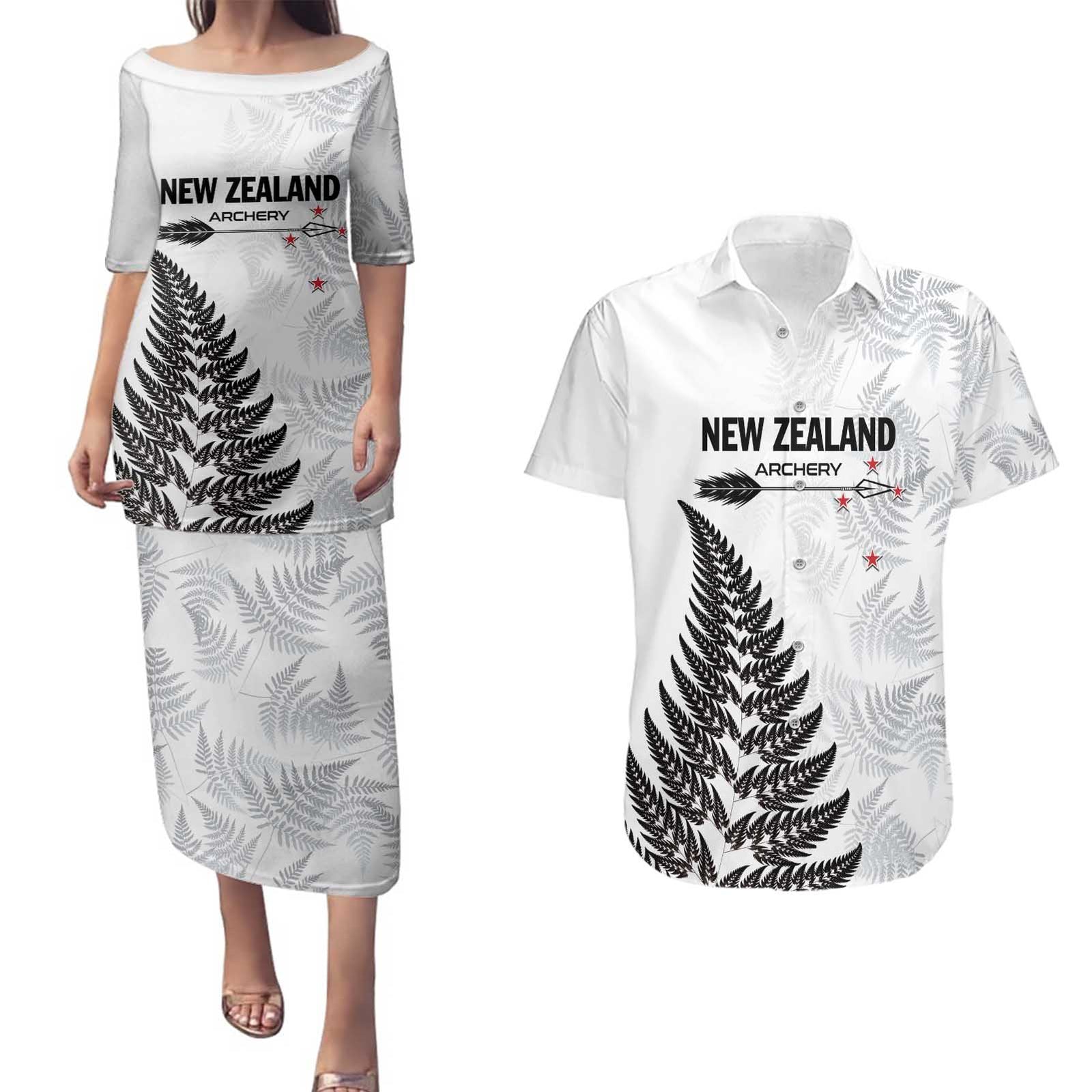 Personalised New Zealand 2025 Archery Couples Matching Puletasi and Hawaiian Shirt Aotearoa Silver Arrows White LT01 White - Polynesian Pride