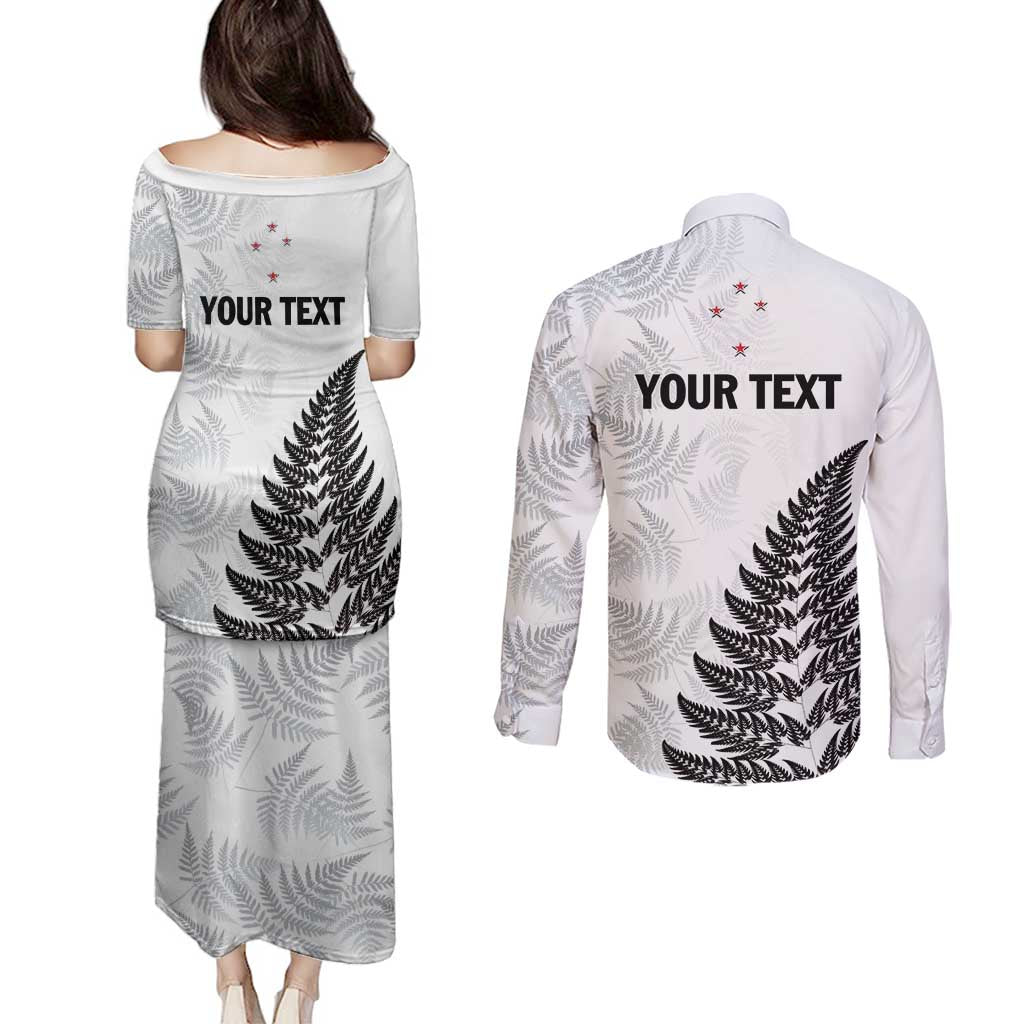 Personalised New Zealand 2025 Archery Couples Matching Puletasi and Long Sleeve Button Shirt Aotearoa Silver Arrows White LT01 - Polynesian Pride