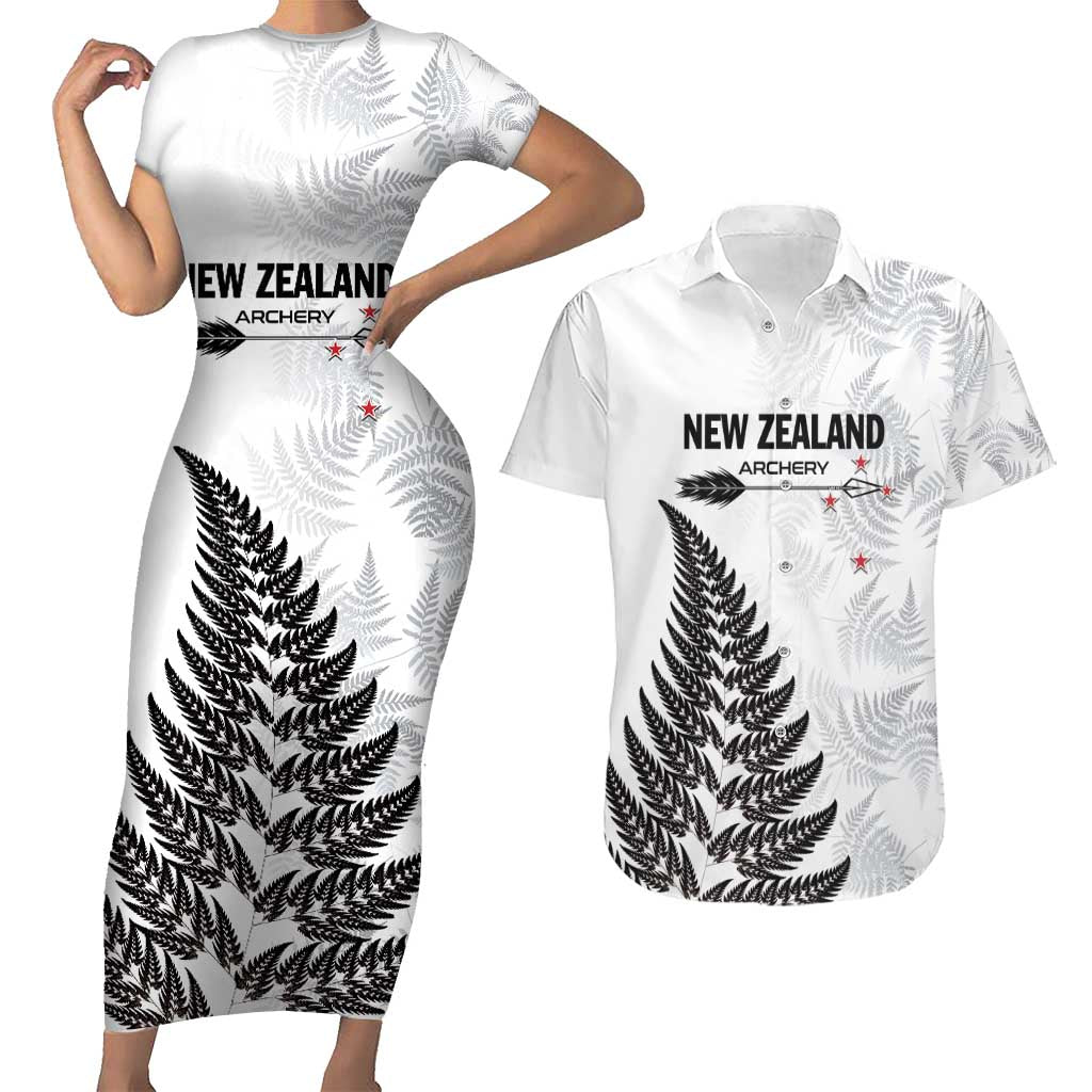 Personalised New Zealand 2025 Archery Couples Matching Short Sleeve Bodycon Dress and Hawaiian Shirt Aotearoa Silver Arrows White LT01 White - Polynesian Pride