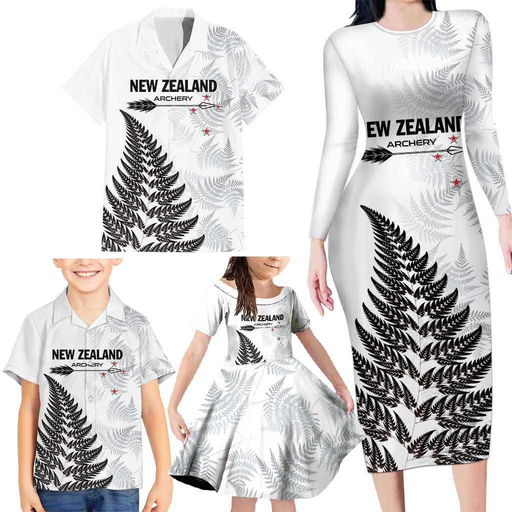 Personalised New Zealand 2025 Archery Family Matching Long Sleeve Bodycon Dress and Hawaiian Shirt Aotearoa Silver Arrows White