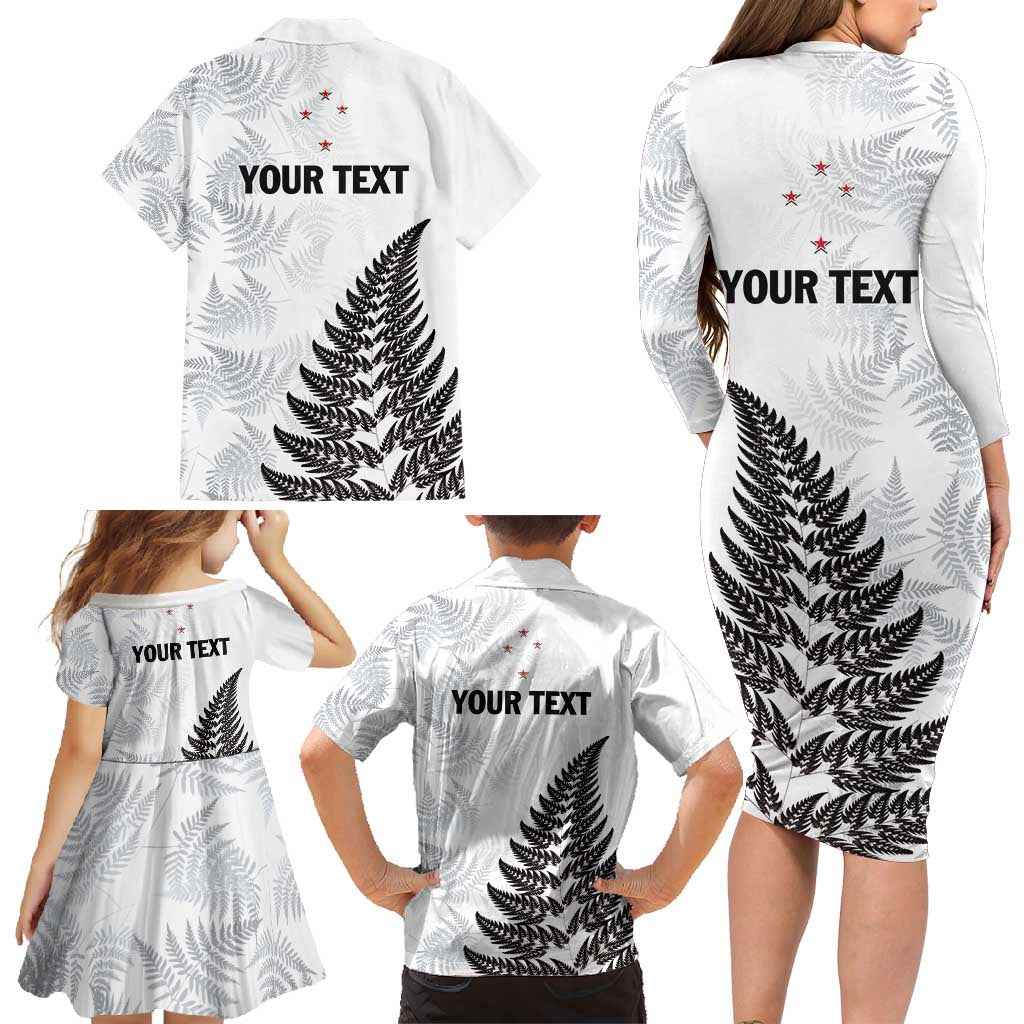 Personalised New Zealand 2025 Archery Family Matching Long Sleeve Bodycon Dress and Hawaiian Shirt Aotearoa Silver Arrows White