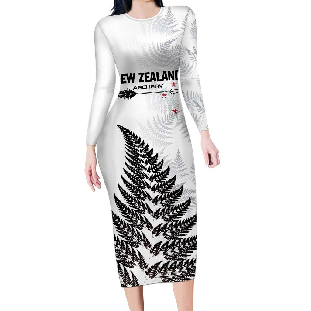 Personalised New Zealand 2025 Archery Family Matching Long Sleeve Bodycon Dress and Hawaiian Shirt Aotearoa Silver Arrows White