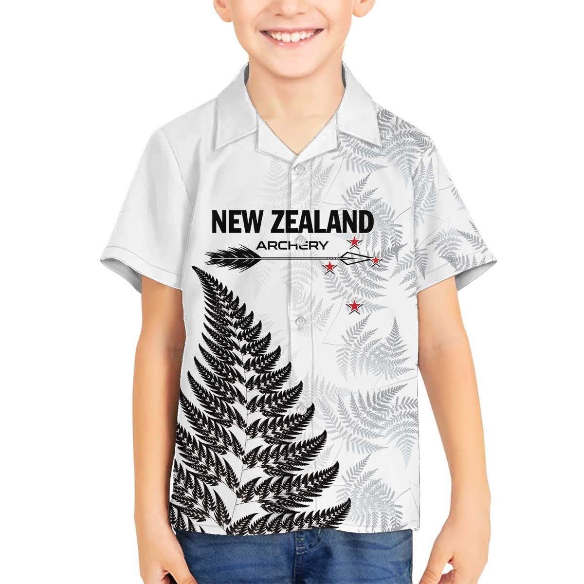 Personalised New Zealand 2025 Archery Family Matching Off The Shoulder Long Sleeve Dress and Hawaiian Shirt Aotearoa Silver Arrows White