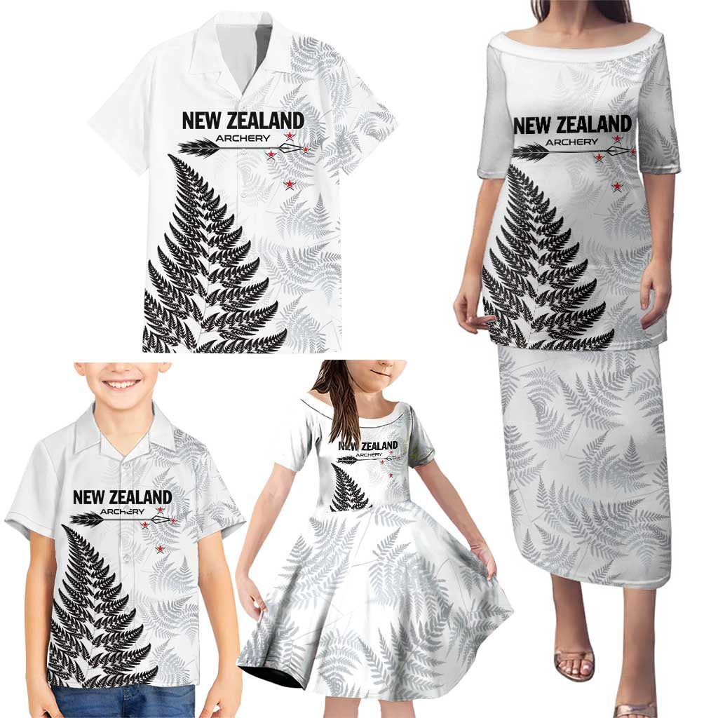 Personalised New Zealand 2025 Archery Family Matching Puletasi and Hawaiian Shirt Aotearoa Silver Arrows White