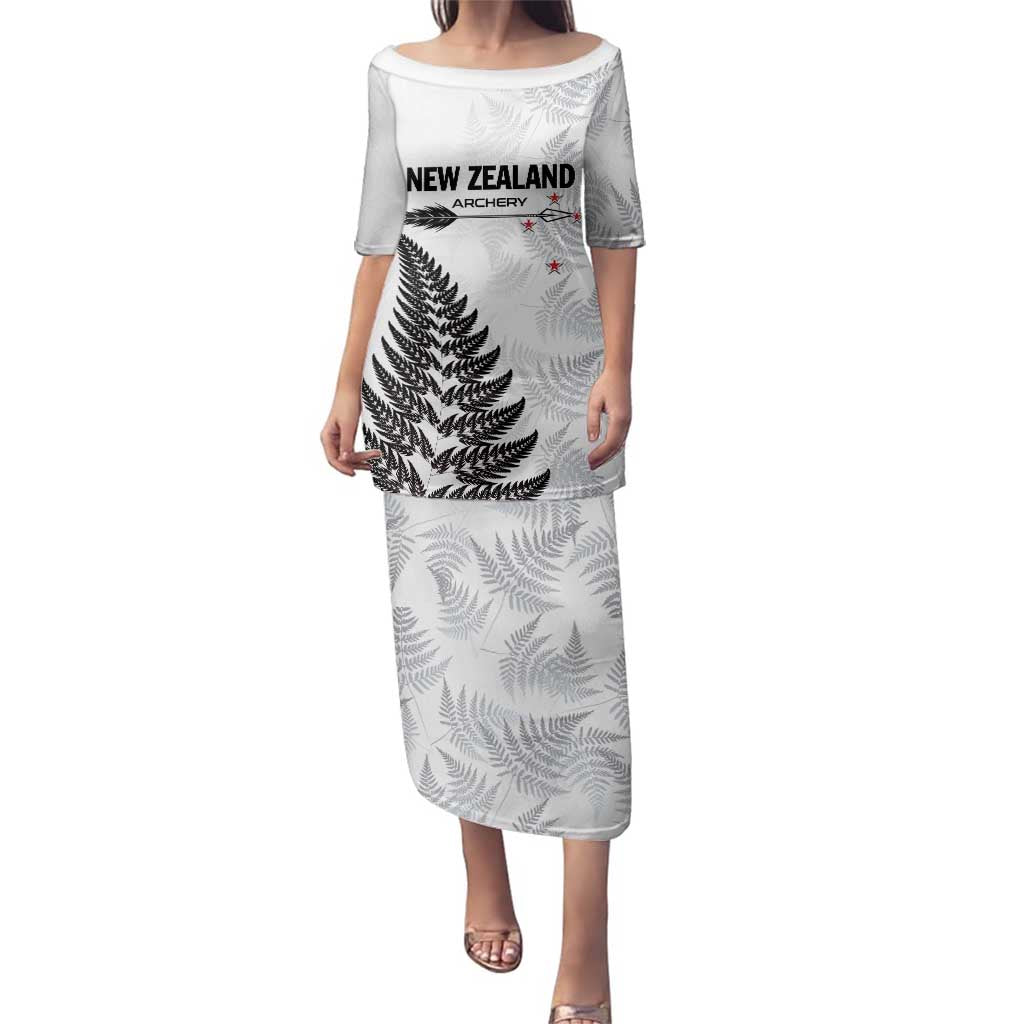 Personalised New Zealand 2025 Archery Family Matching Puletasi and Hawaiian Shirt Aotearoa Silver Arrows White