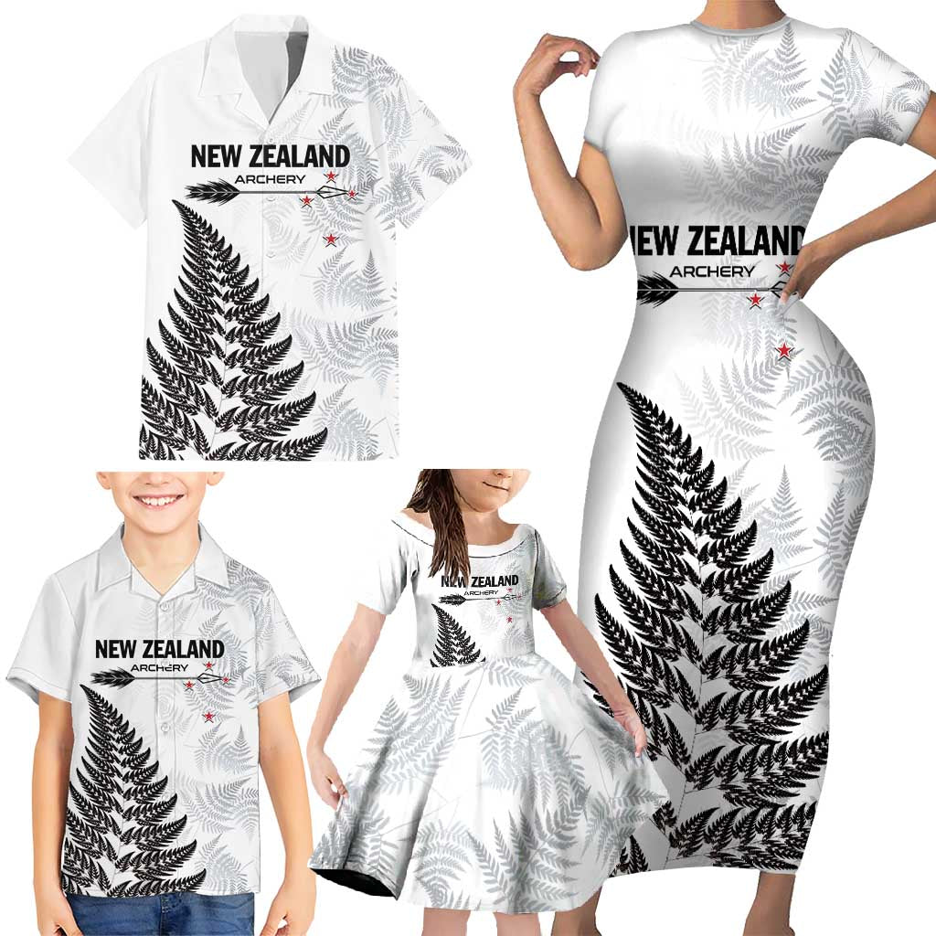 Personalised New Zealand 2025 Archery Family Matching Short Sleeve Bodycon Dress and Hawaiian Shirt Aotearoa Silver Arrows White