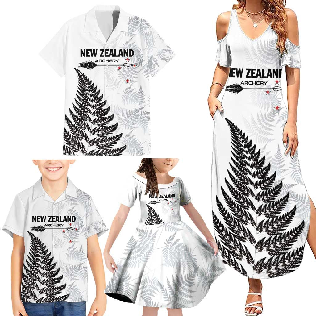Personalised New Zealand 2025 Archery Family Matching Summer Maxi Dress and Hawaiian Shirt Aotearoa Silver Arrows White