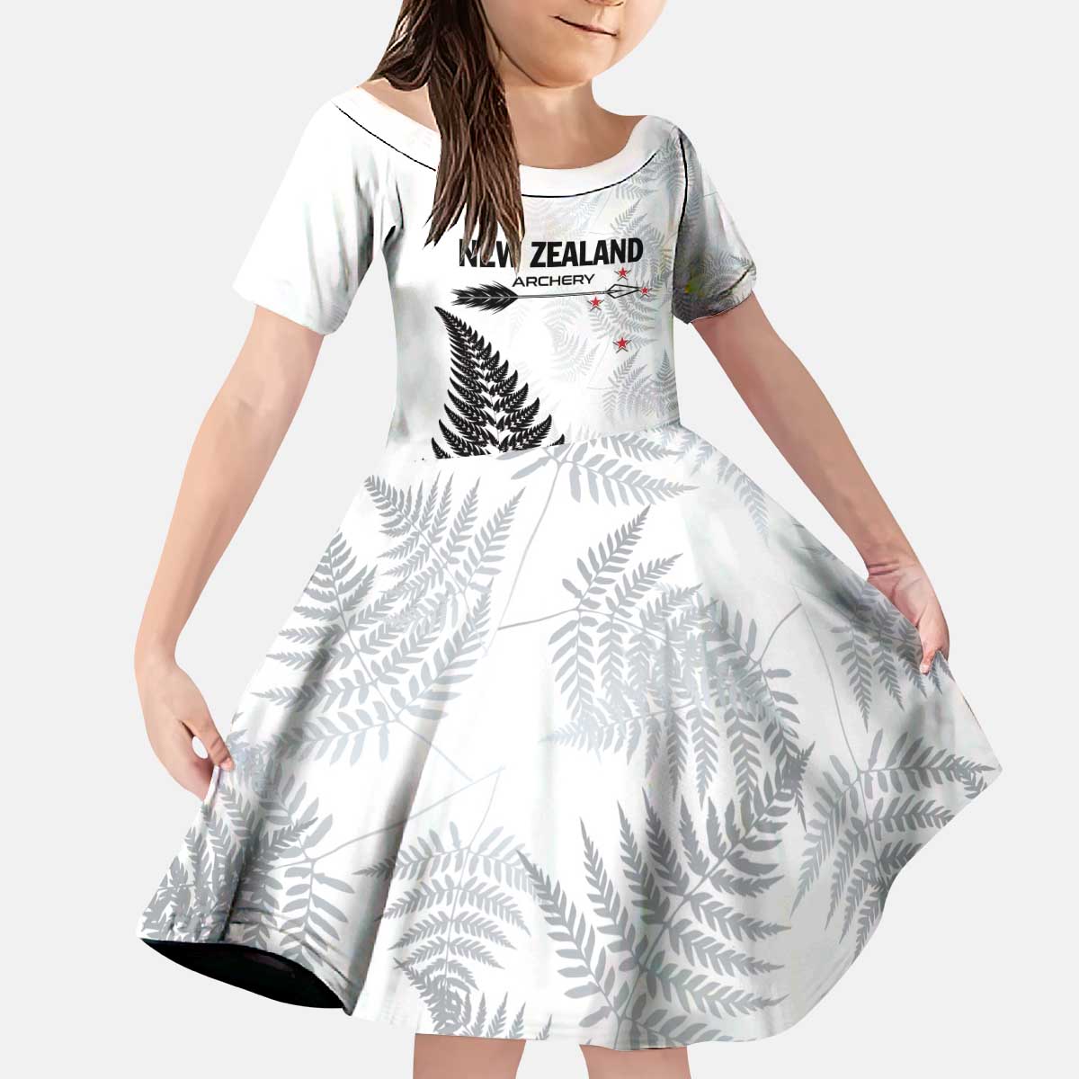Personalised New Zealand 2025 Archery Kid Short Sleeve Dress Aotearoa Silver Arrows White