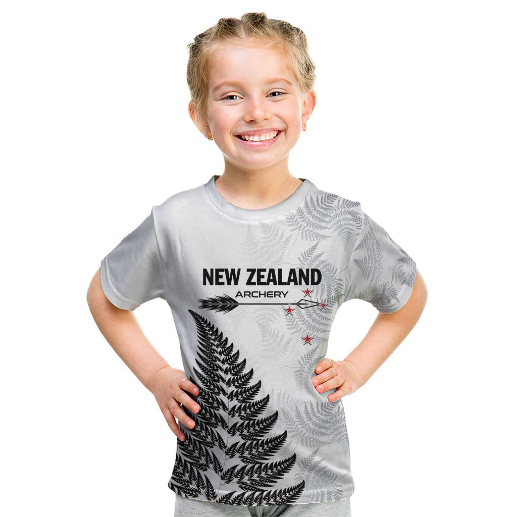 Personalised New Zealand 2025 Archery Kid T Shirt Aotearoa Silver Arrows White