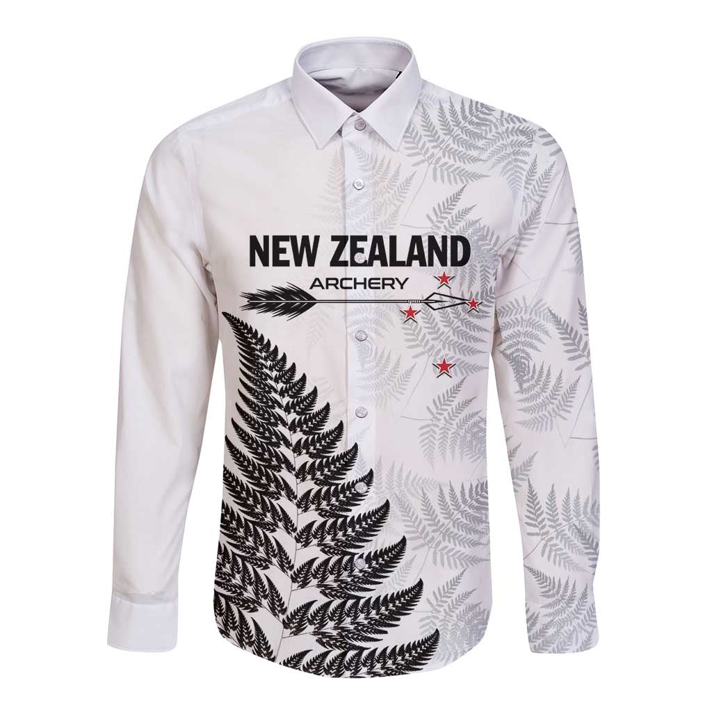 Personalised New Zealand 2025 Archery Long Sleeve Button Shirt Aotearoa Silver Arrows White LT01 Unisex White - Polynesian Pride