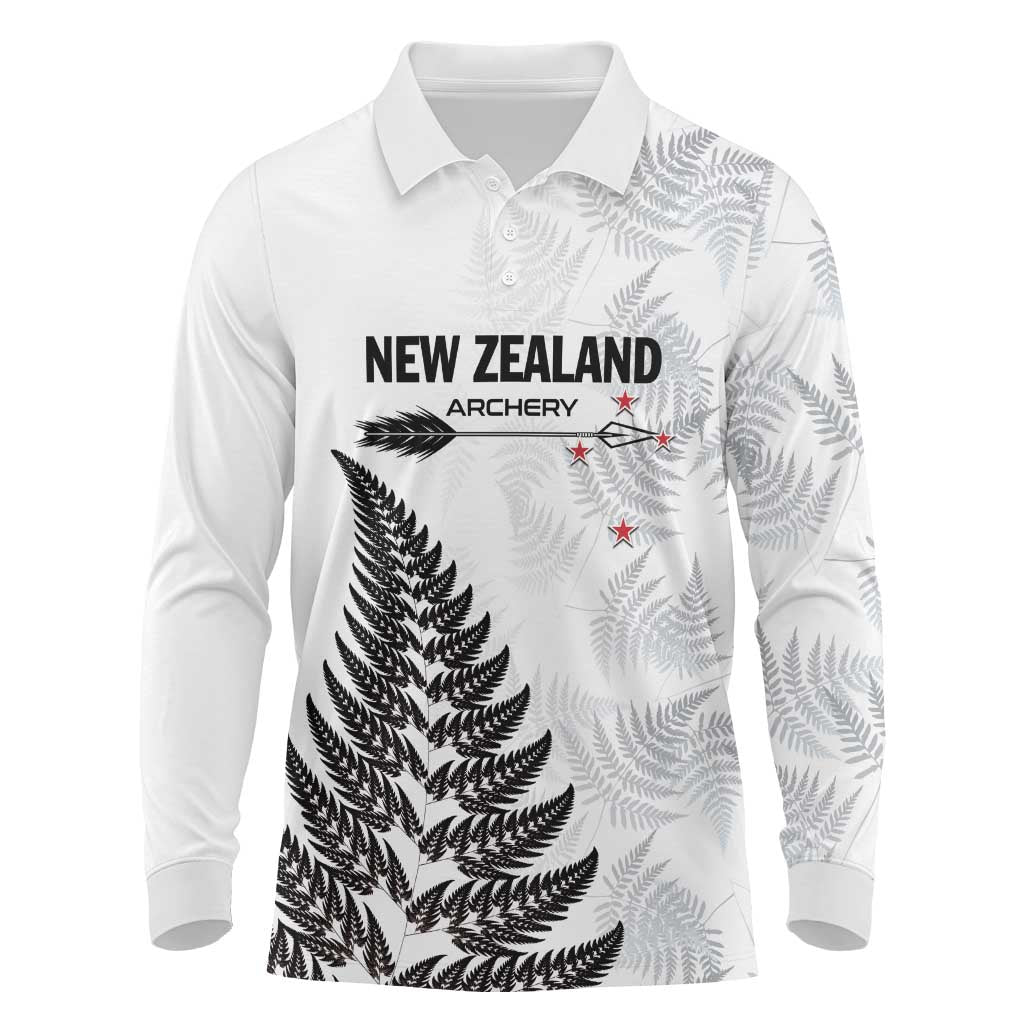Personalised New Zealand 2025 Archery Long Sleeve Polo Shirt Aotearoa Silver Arrows White