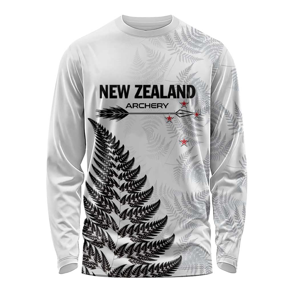 Personalised New Zealand 2025 Archery Long Sleeve Shirt Aotearoa Silver Arrows White LT01 Unisex White - Polynesian Pride