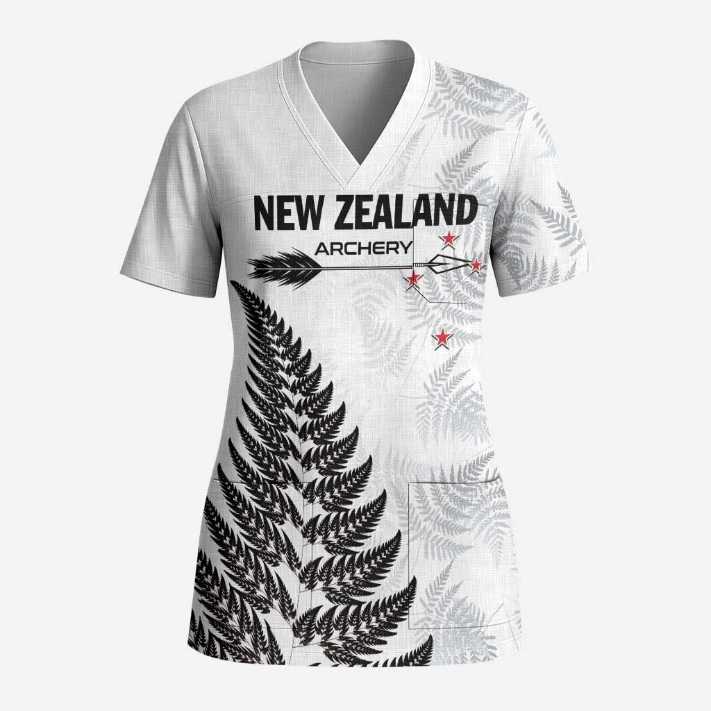 Personalised New Zealand 2025 Archery Scrub Top Aotearoa Silver Arrows White LT01 Adult White - Polynesian Pride