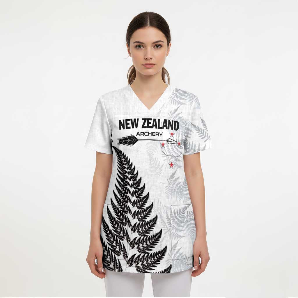 Personalised New Zealand 2025 Archery Scrub Top Aotearoa Silver Arrows White LT01 - Polynesian Pride