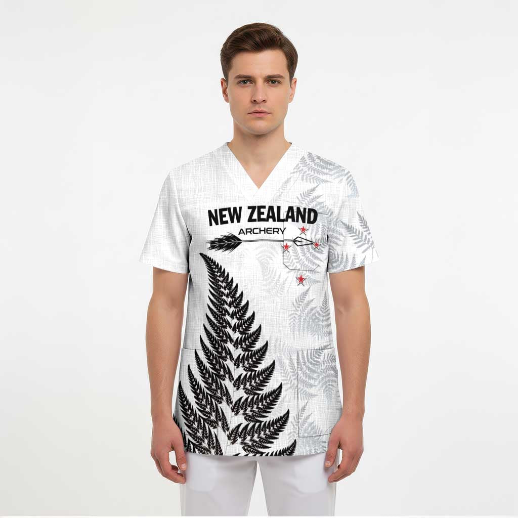 Personalised New Zealand 2025 Archery Scrub Top Aotearoa Silver Arrows White LT01 - Polynesian Pride