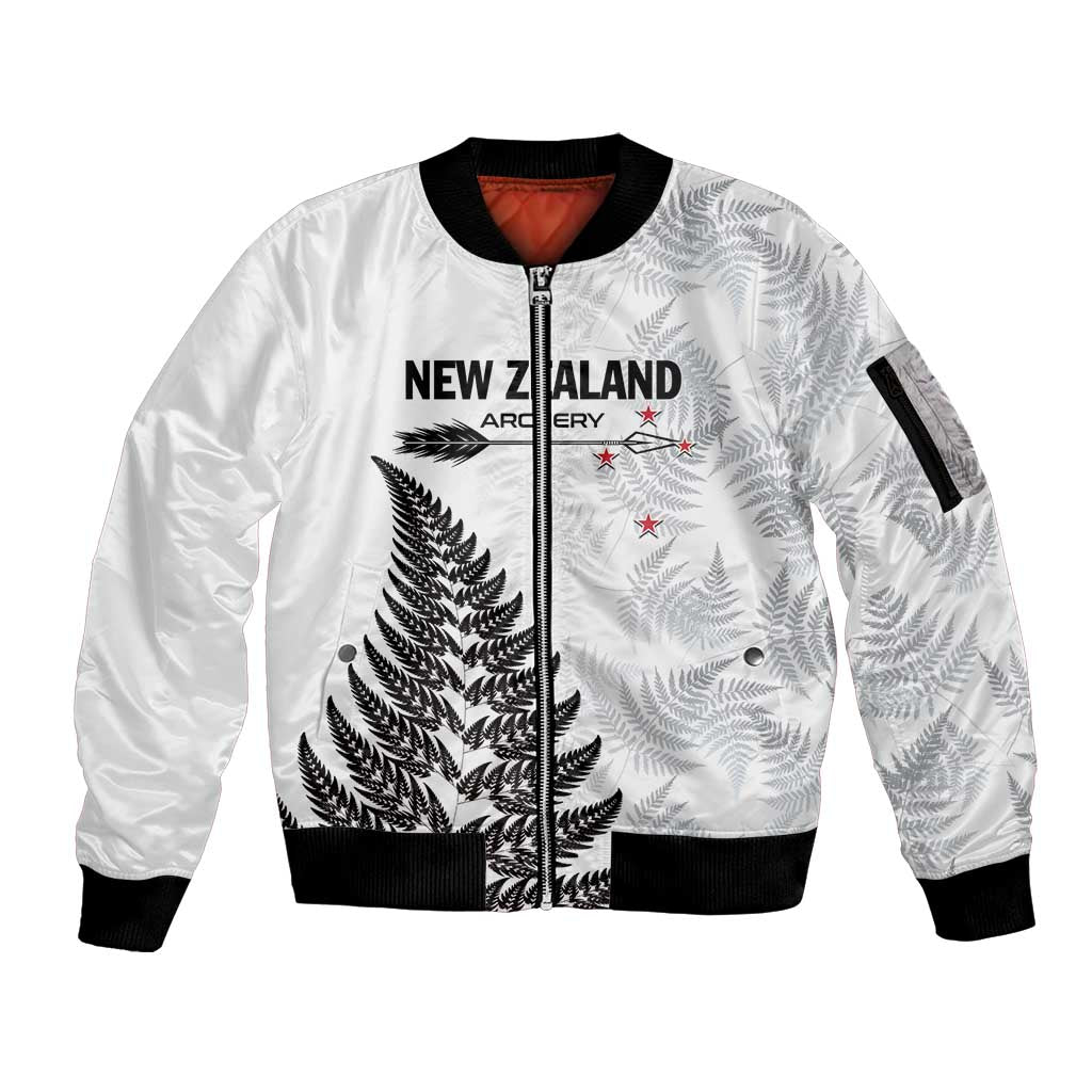 Personalised New Zealand 2025 Archery Sleeve Zip Bomber Jacket Aotearoa Silver Arrows White