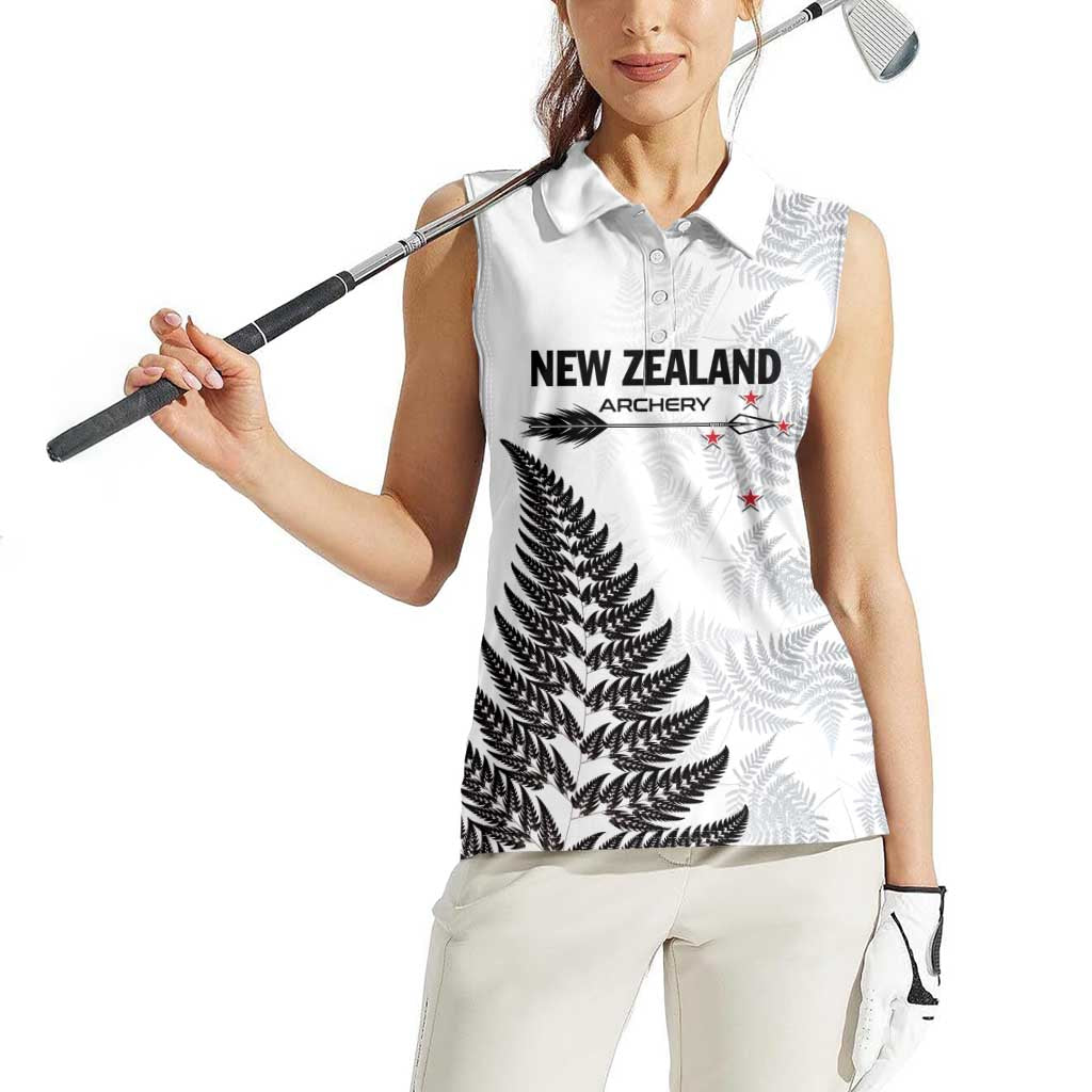 Personalised New Zealand 2025 Archery Women Sleeveless Polo Shirt Aotearoa Silver Arrows White