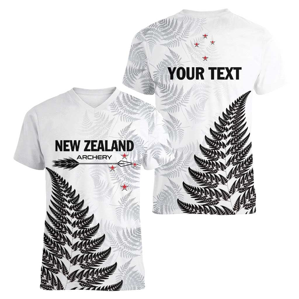 Personalised New Zealand 2025 Archery Women V-Neck T-Shirt Aotearoa Silver Arrows White