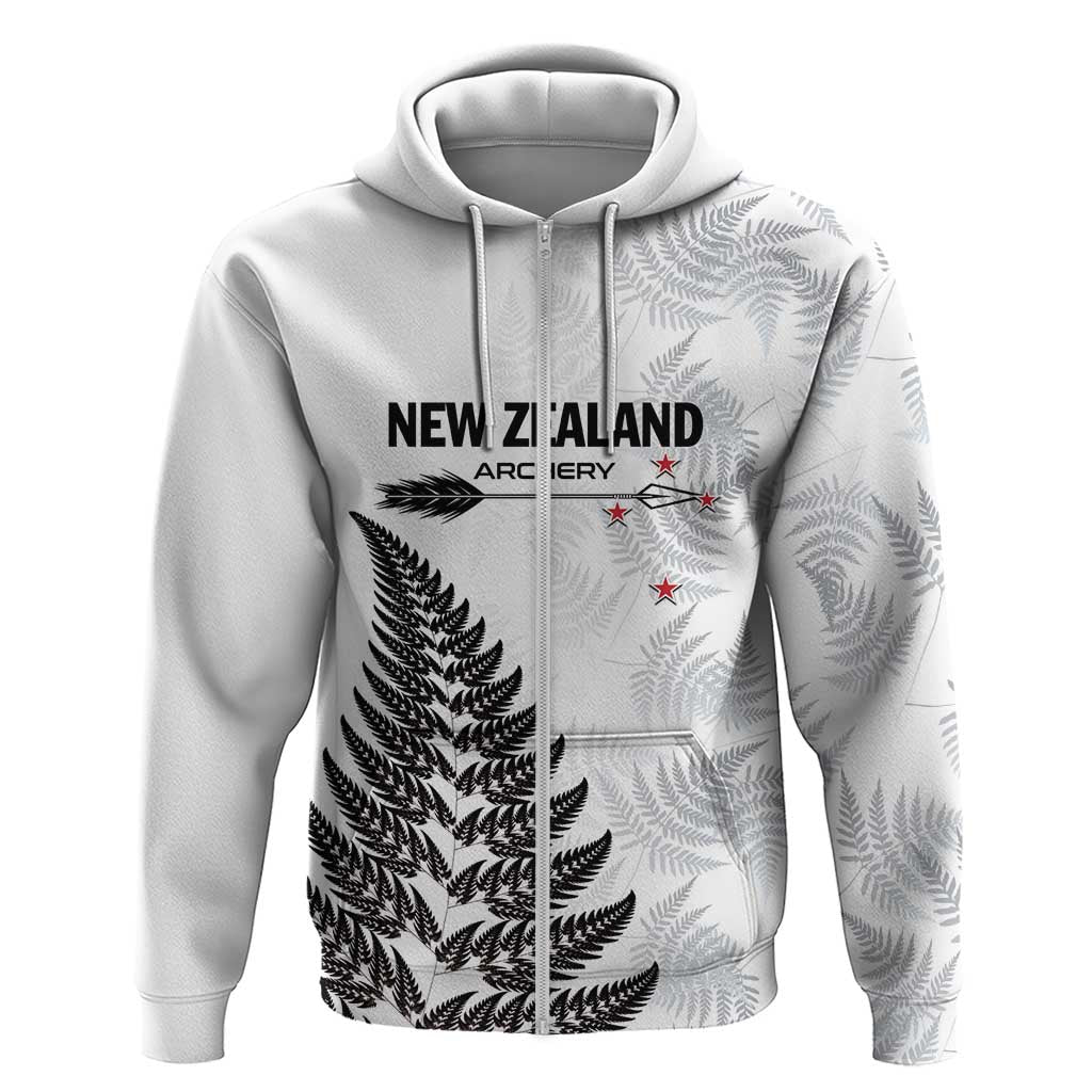 Personalised New Zealand 2025 Archery Zip Hoodie Aotearoa Silver Arrows White