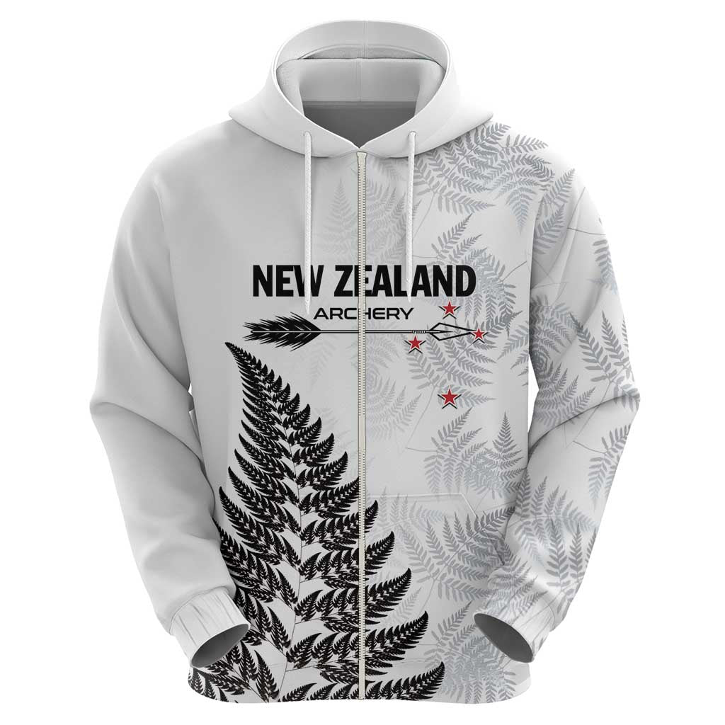 Personalised New Zealand 2025 Archery Zip Hoodie Aotearoa Silver Arrows White