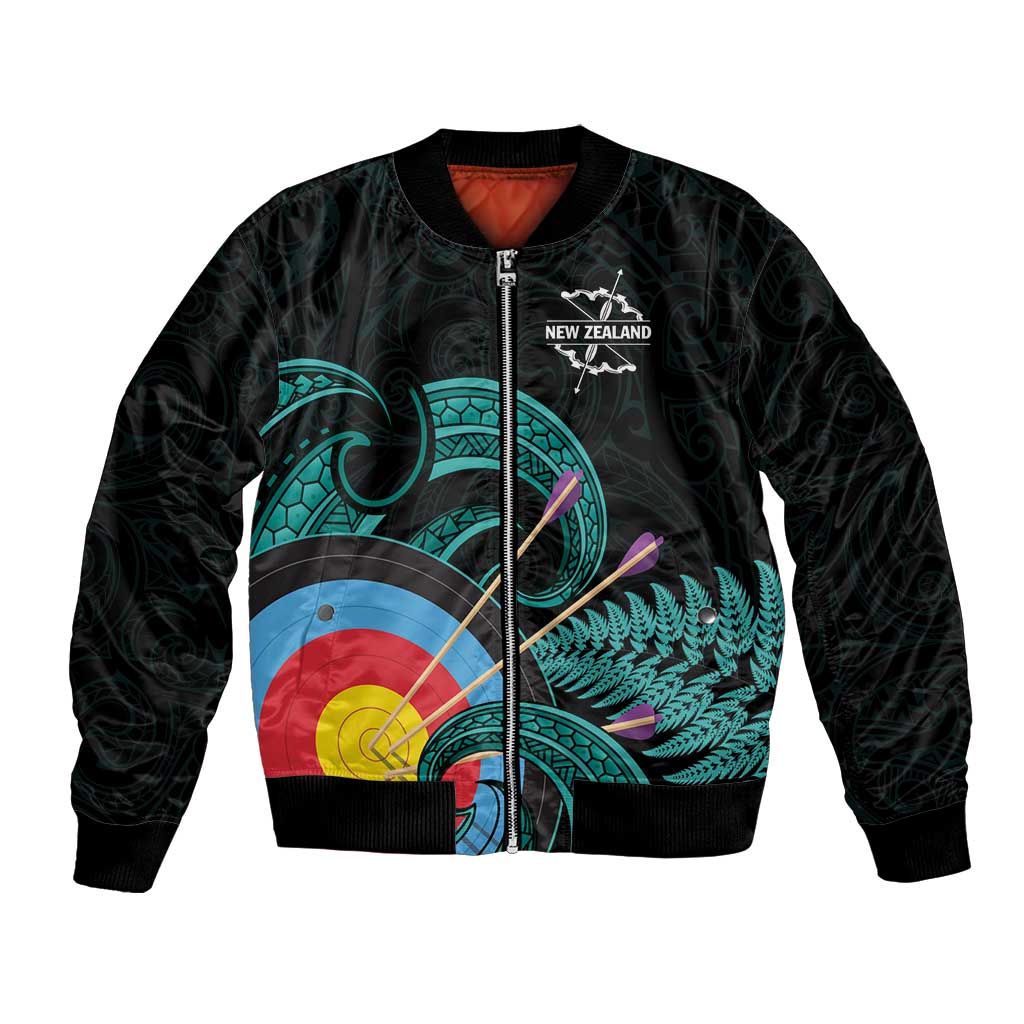 Personalised New Zealand Archery Bomber Jacket Turquoise Maori Silver Fern