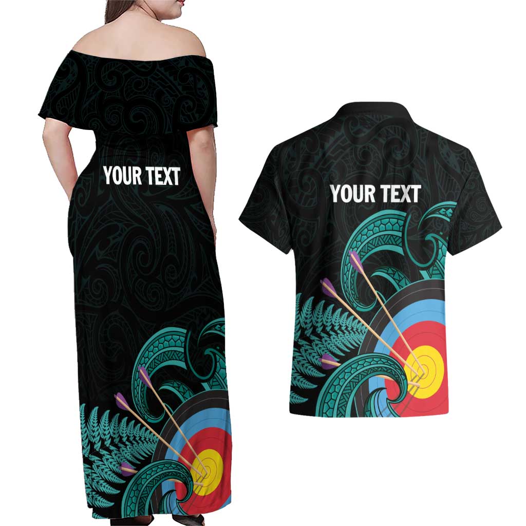 Personalised New Zealand Archery Couples Matching Off Shoulder Maxi Dress and Hawaiian Shirt Turquoise Maori Silver Fern