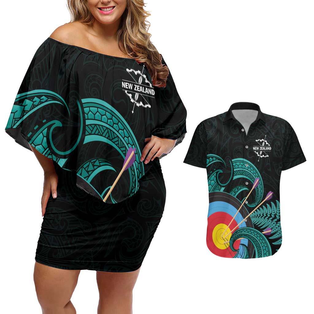 Personalised New Zealand Archery Couples Matching Off Shoulder Short Dress and Hawaiian Shirt Turquoise Maori Silver Fern