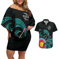 Personalised New Zealand Archery Couples Matching Off Shoulder Short Dress and Hawaiian Shirt Turquoise Maori Silver Fern