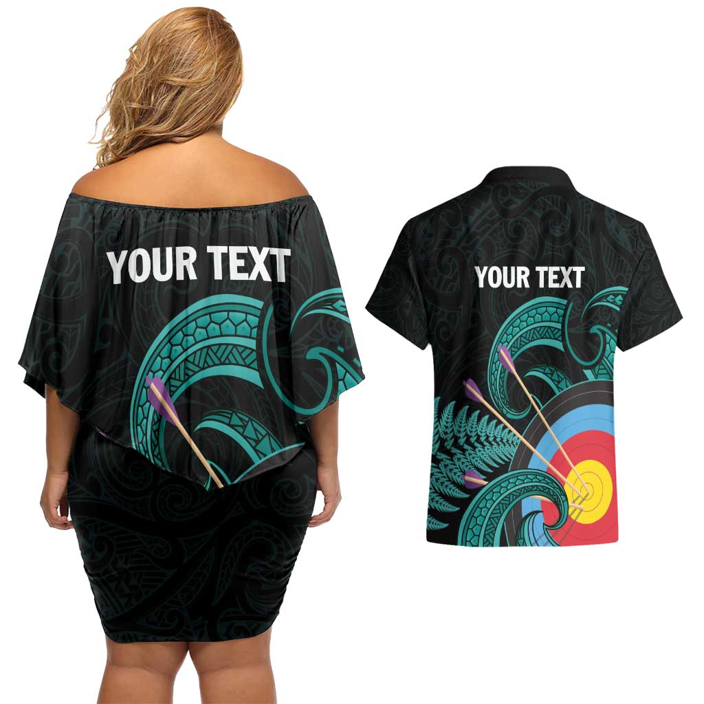 Personalised New Zealand Archery Couples Matching Off Shoulder Short Dress and Hawaiian Shirt Turquoise Maori Silver Fern