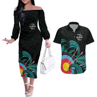 Personalised New Zealand Archery Couples Matching Off The Shoulder Long Sleeve Dress and Hawaiian Shirt Turquoise Maori Silver Fern
