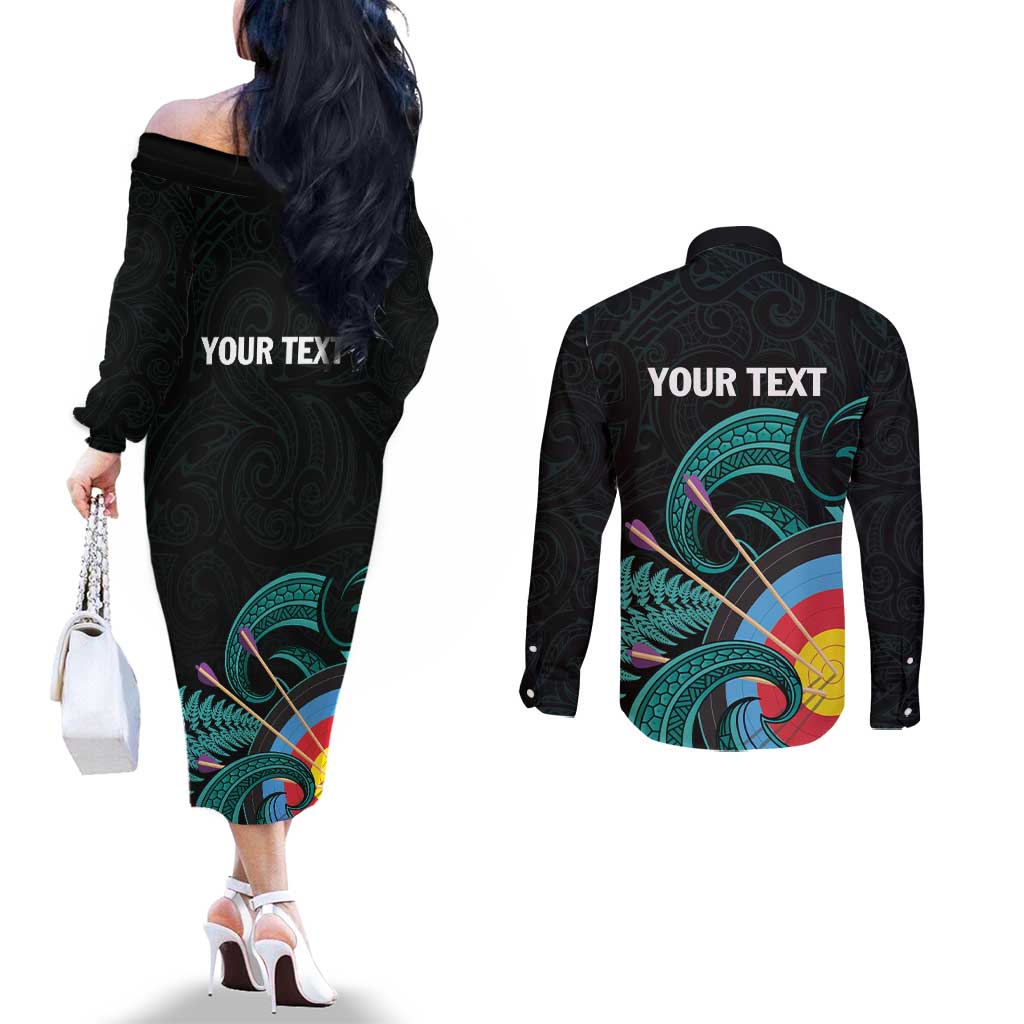 Personalised New Zealand Archery Couples Matching Off The Shoulder Long Sleeve Dress and Long Sleeve Button Shirt Turquoise Maori Silver Fern