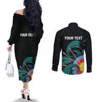 Personalised New Zealand Archery Couples Matching Off The Shoulder Long Sleeve Dress and Long Sleeve Button Shirt Turquoise Maori Silver Fern