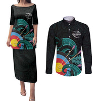Personalised New Zealand Archery Couples Matching Puletasi and Long Sleeve Button Shirt Turquoise Maori Silver Fern