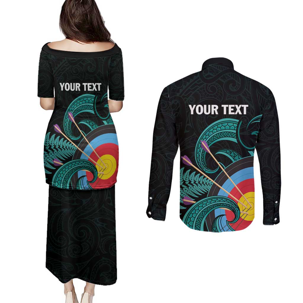 Personalised New Zealand Archery Couples Matching Puletasi and Long Sleeve Button Shirt Turquoise Maori Silver Fern