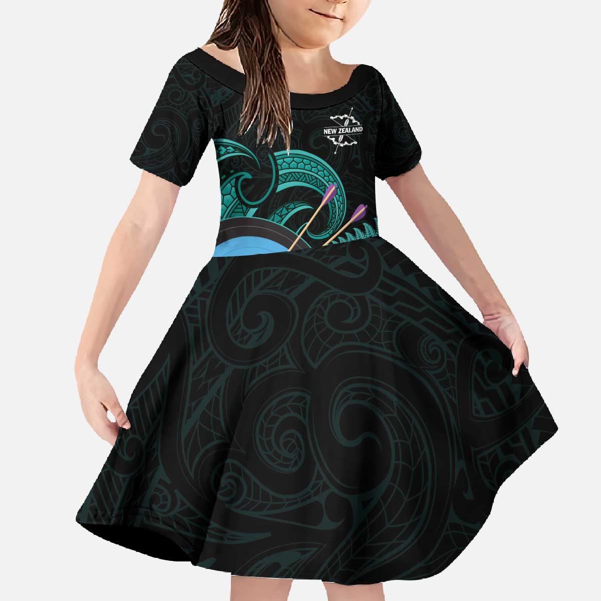 Personalised New Zealand Archery Family Matching Off The Shoulder Long Sleeve Dress and Hawaiian Shirt Turquoise Maori Silver Fern