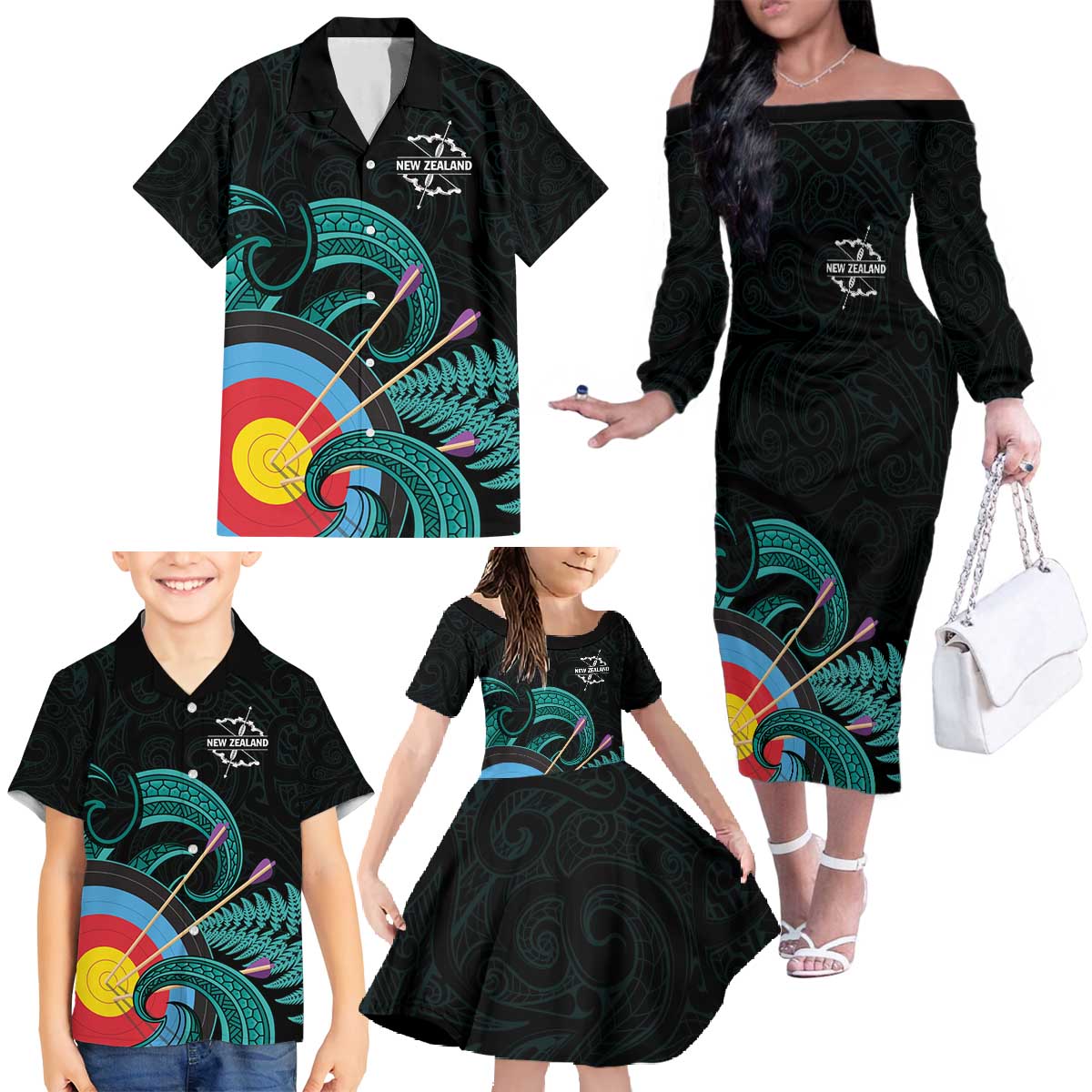 Personalised New Zealand Archery Family Matching Off The Shoulder Long Sleeve Dress and Hawaiian Shirt Turquoise Maori Silver Fern