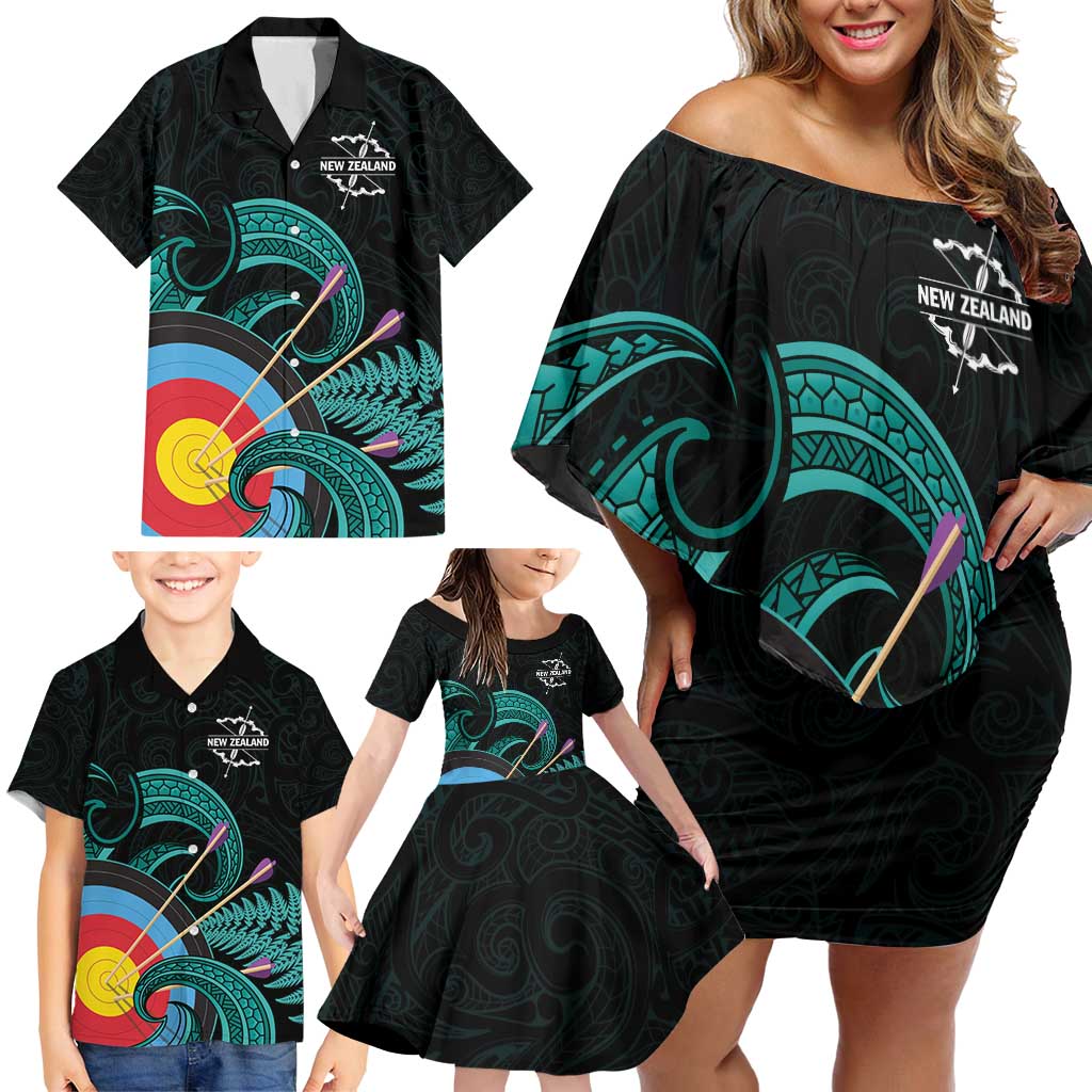 Personalised New Zealand Archery Family Matching Off Shoulder Short Dress and Hawaiian Shirt Turquoise Maori Silver Fern